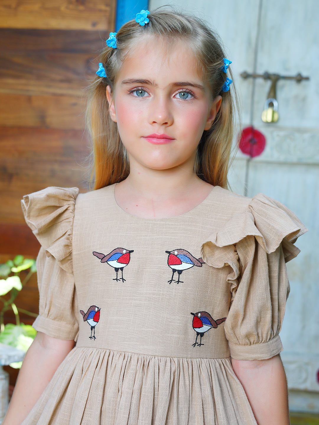 Girls Beige Bird Embroidered Cotton dress