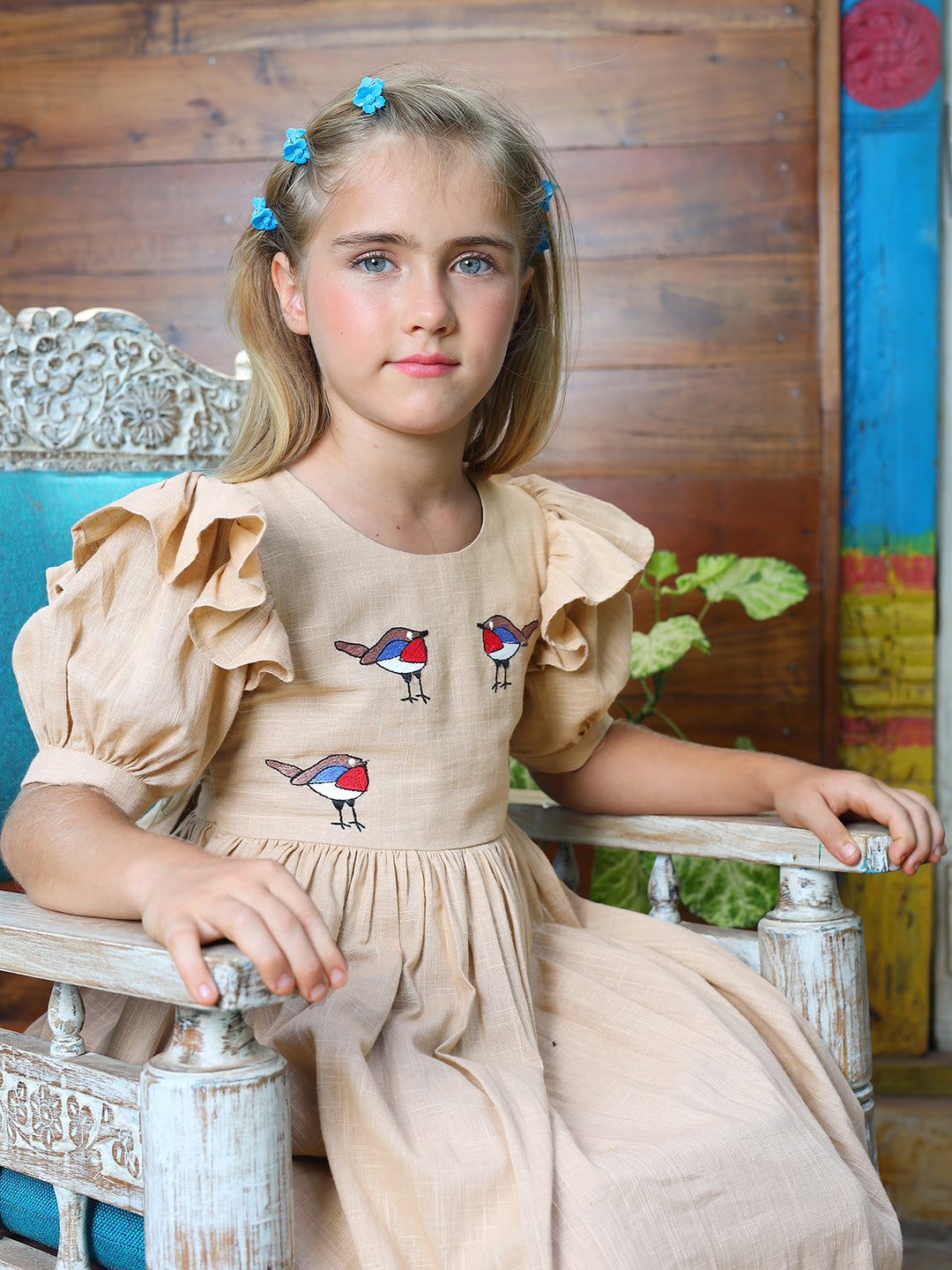 Girls Beige Bird Embroidered Cotton dress