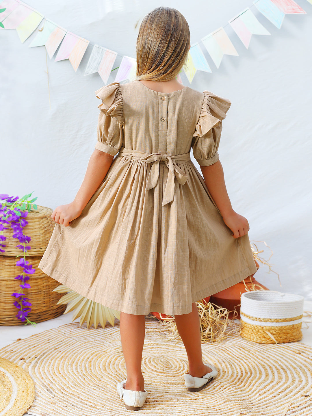 Girls Beige Bird Embroidered Cotton dress