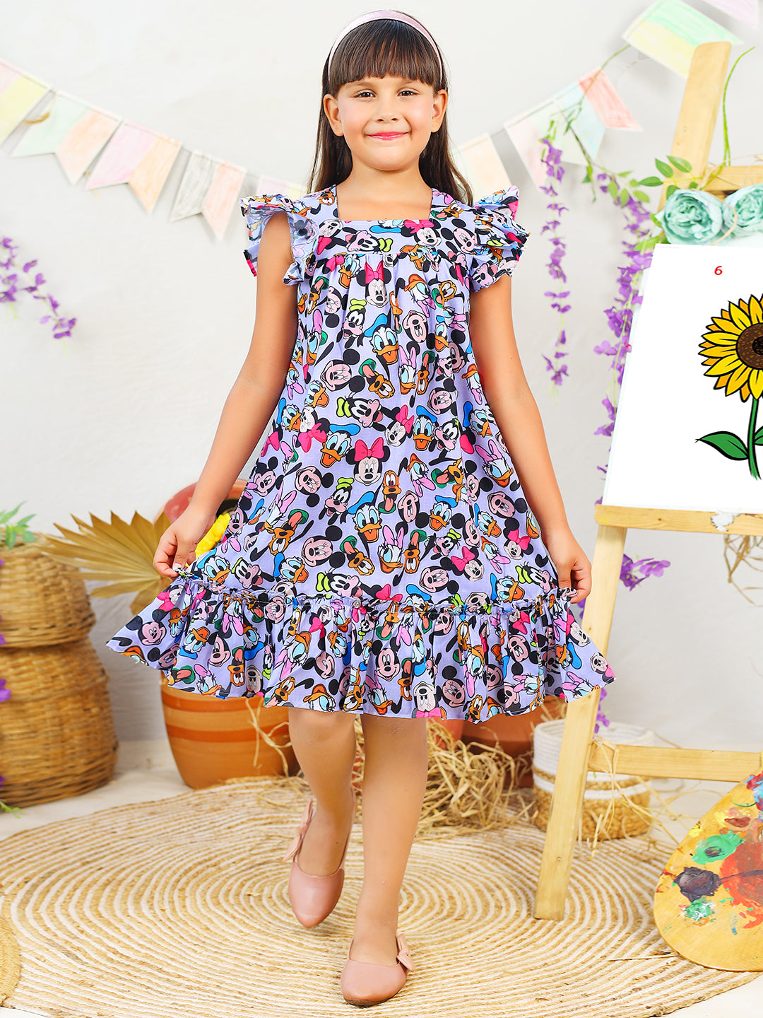 Girls Mickey & Minnie Mouse Purple Cotton Dress