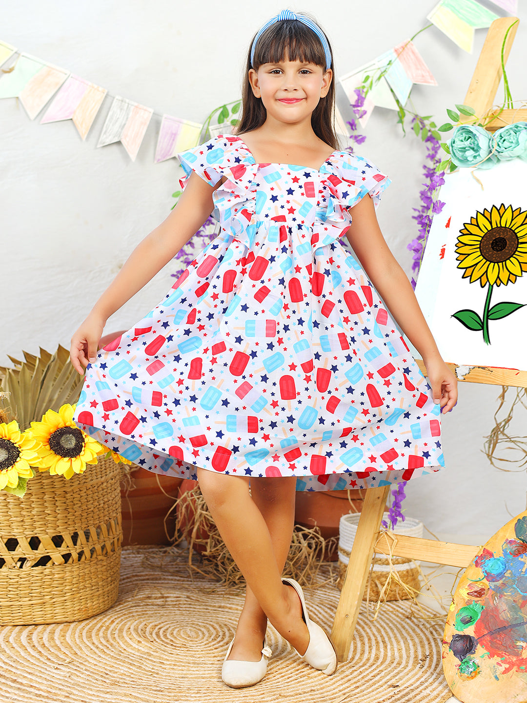 Girls Candy Printed White Dress