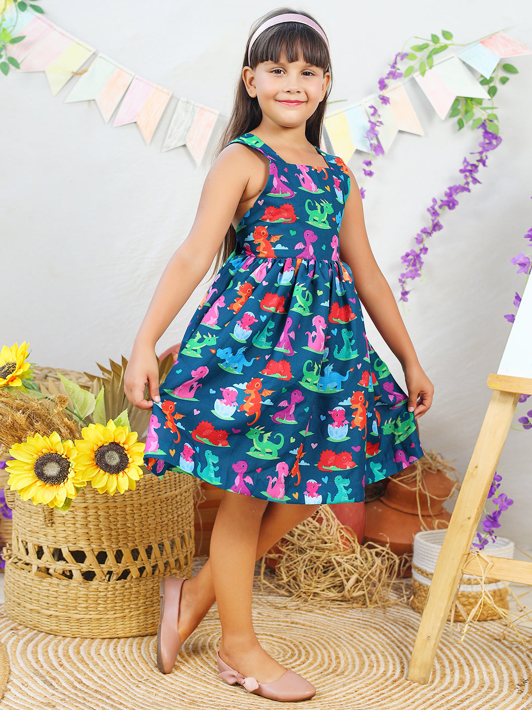 Girls Navy Blue Dinosaur Printed Dress