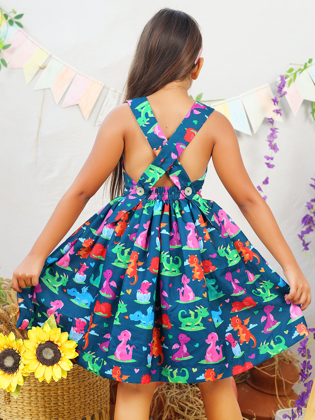 Girls Navy Blue Dinosaur Printed Dress