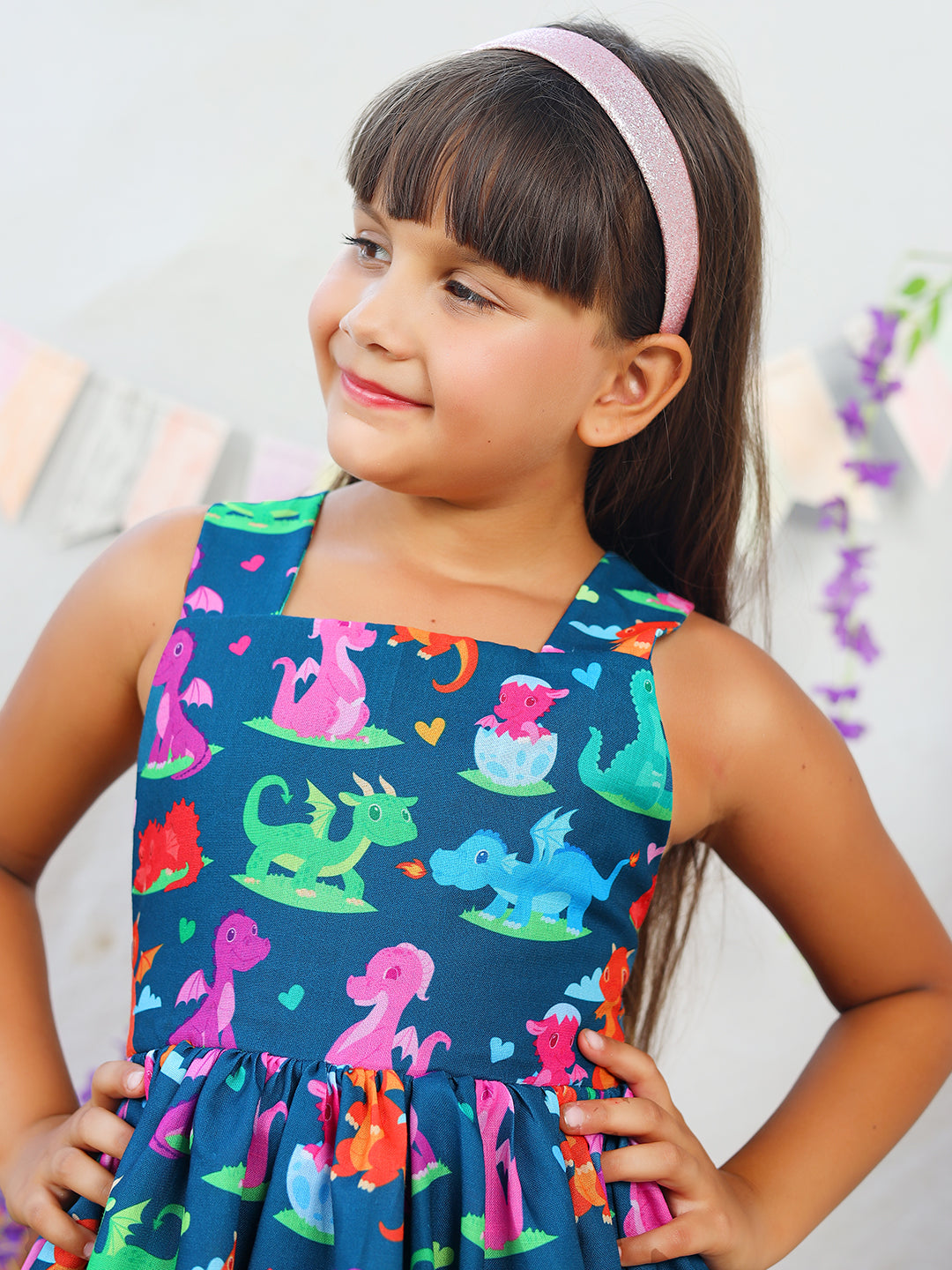 Girls Navy Blue Dinosaur Printed Dress