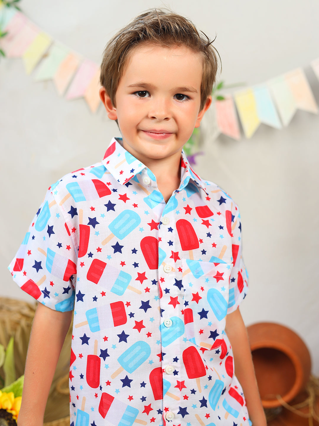 Boys White Candy Printed Shirt