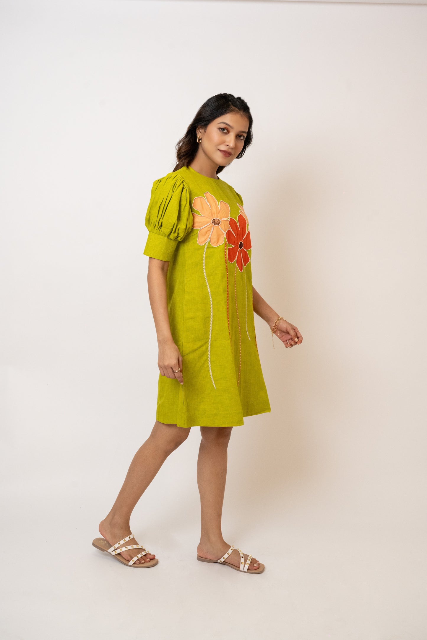 Plumeria Green Handcrafted Cotton Dress