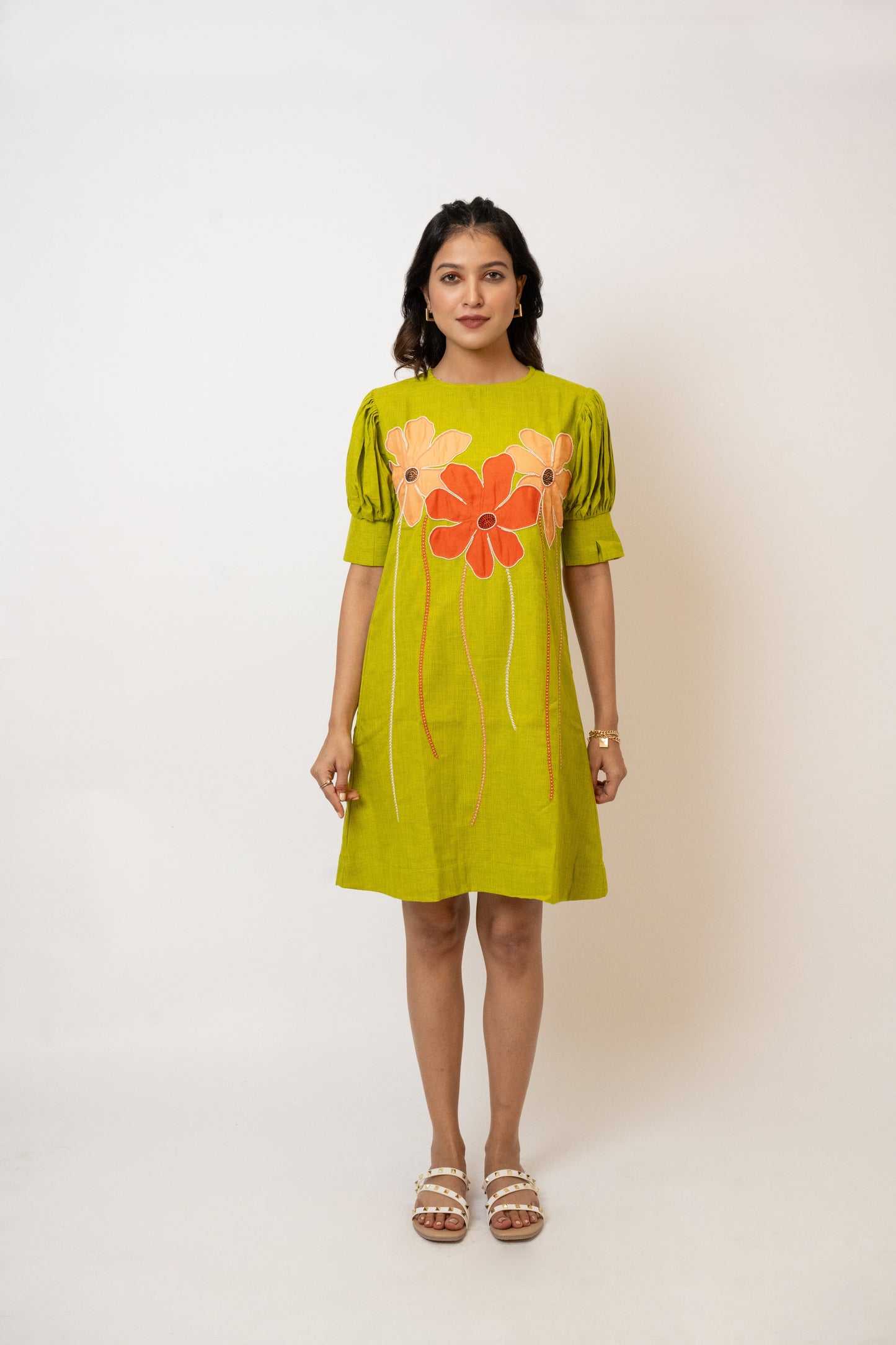 Plumeria Green Handcrafted Cotton Dress
