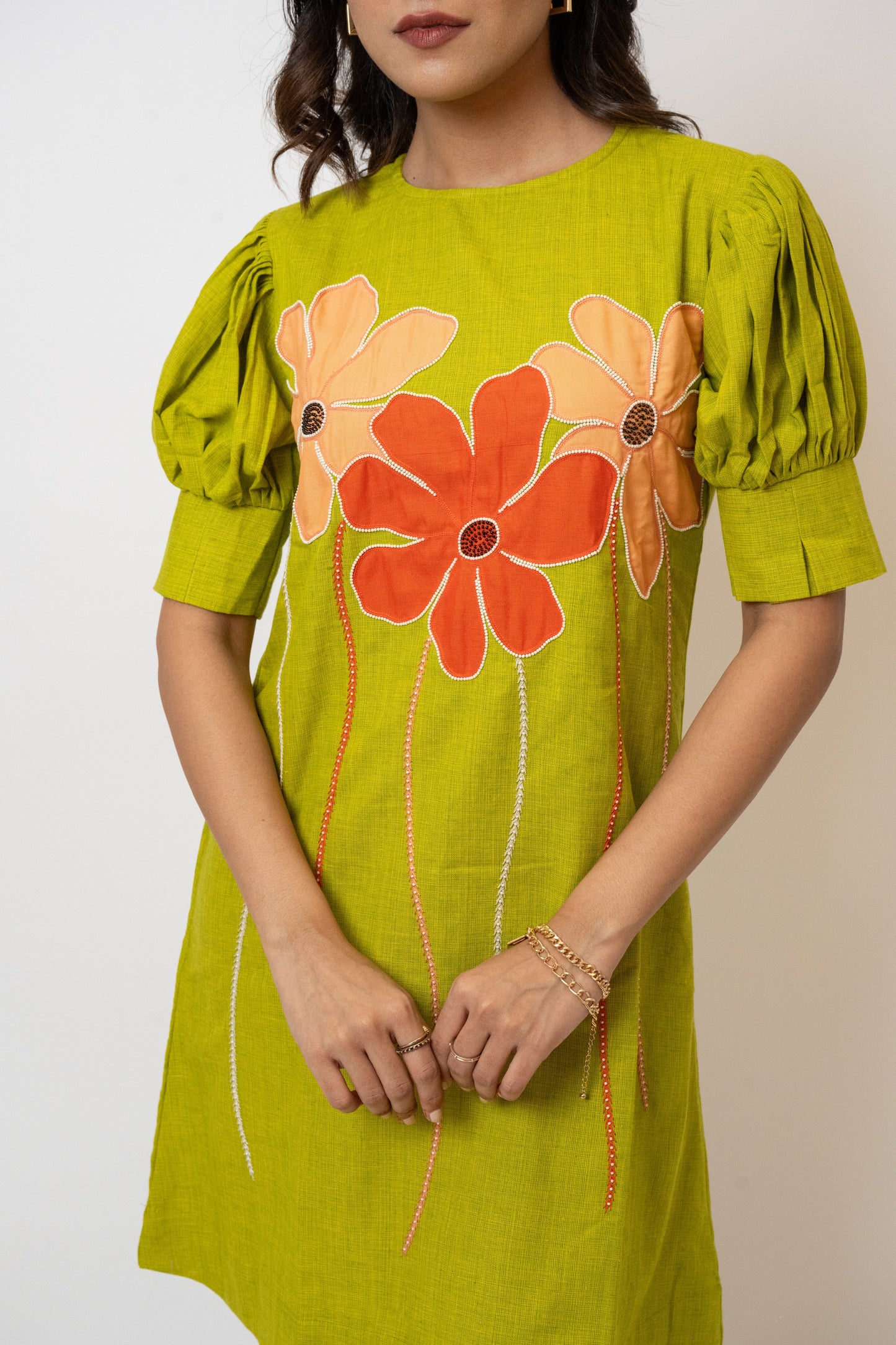 Plumeria Green Handcrafted Cotton Dress