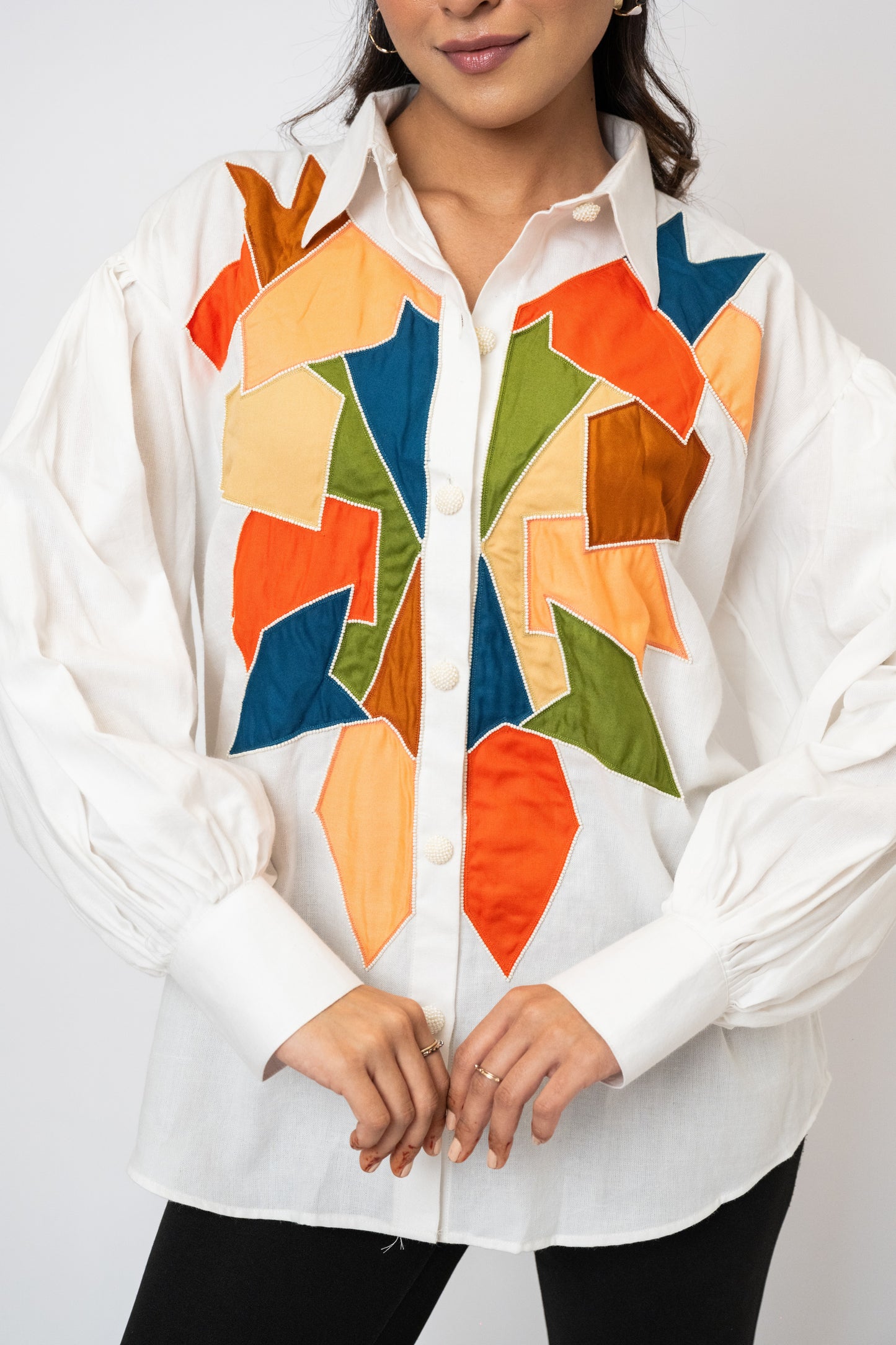 White Geometric Handcrafted Cotton Shirt