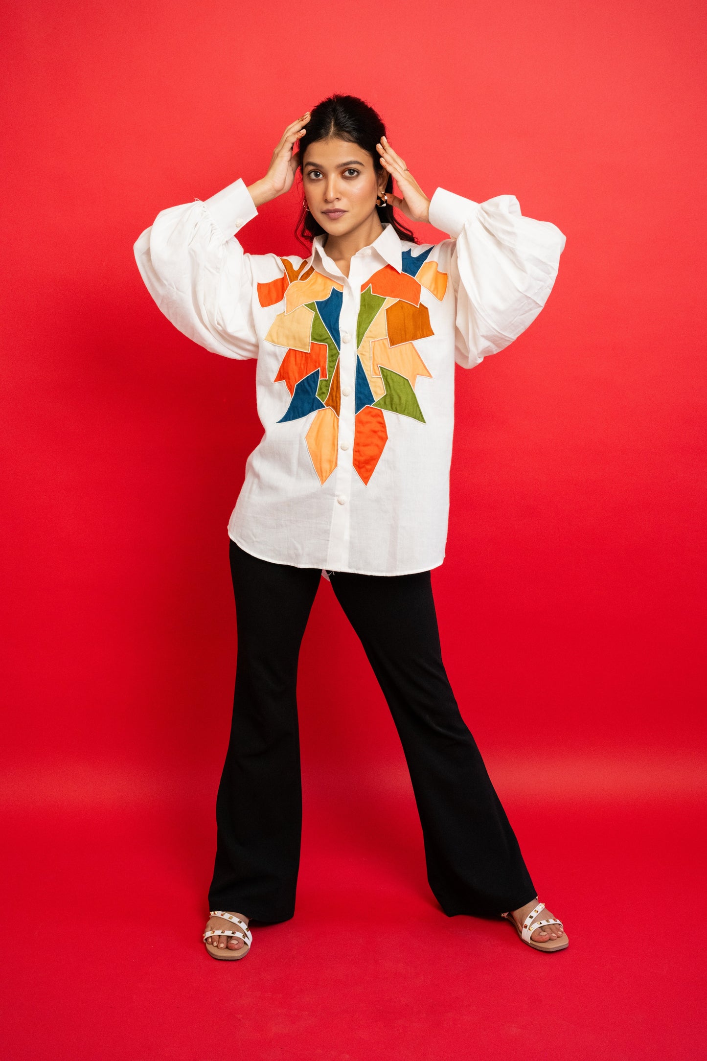 White Geometric Handcrafted Cotton Shirt