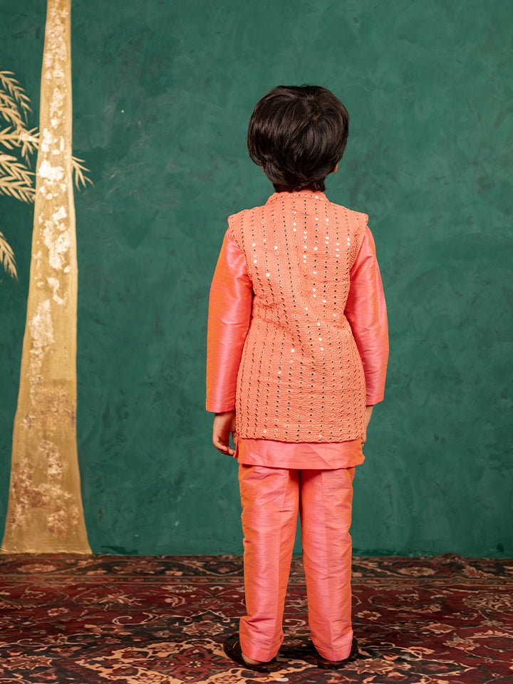 Boys Bright Salmon Coloured Kurta and Pant with Georgette Mirror work Bundi Jacket (Set of 3)