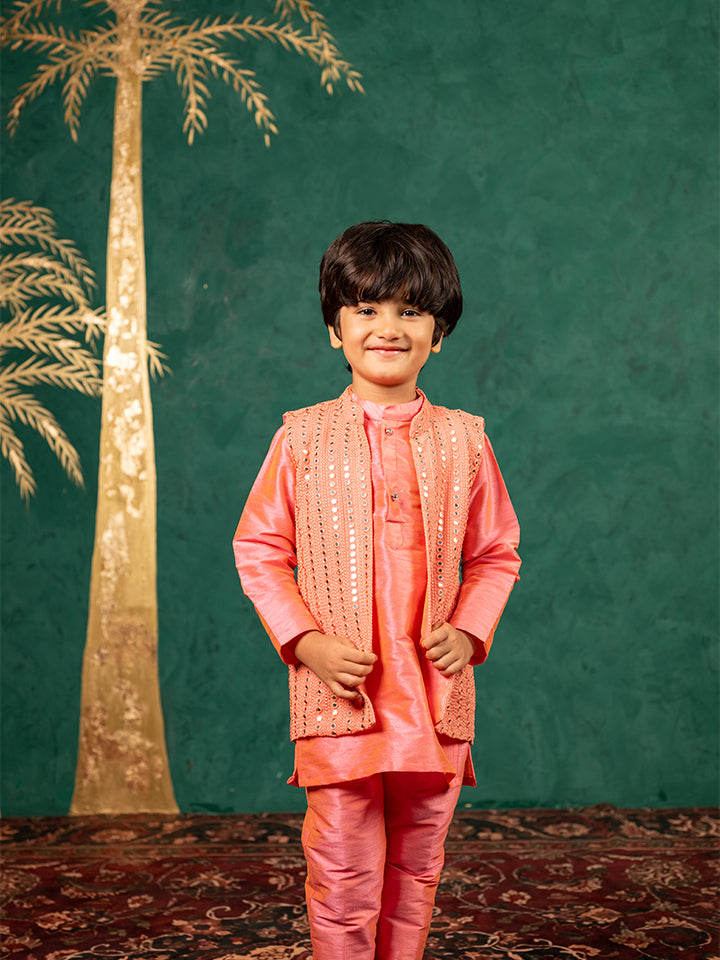 Boys Bright Salmon Coloured Kurta and Pant with Georgette Mirror work Bundi Jacket (Set of 3)