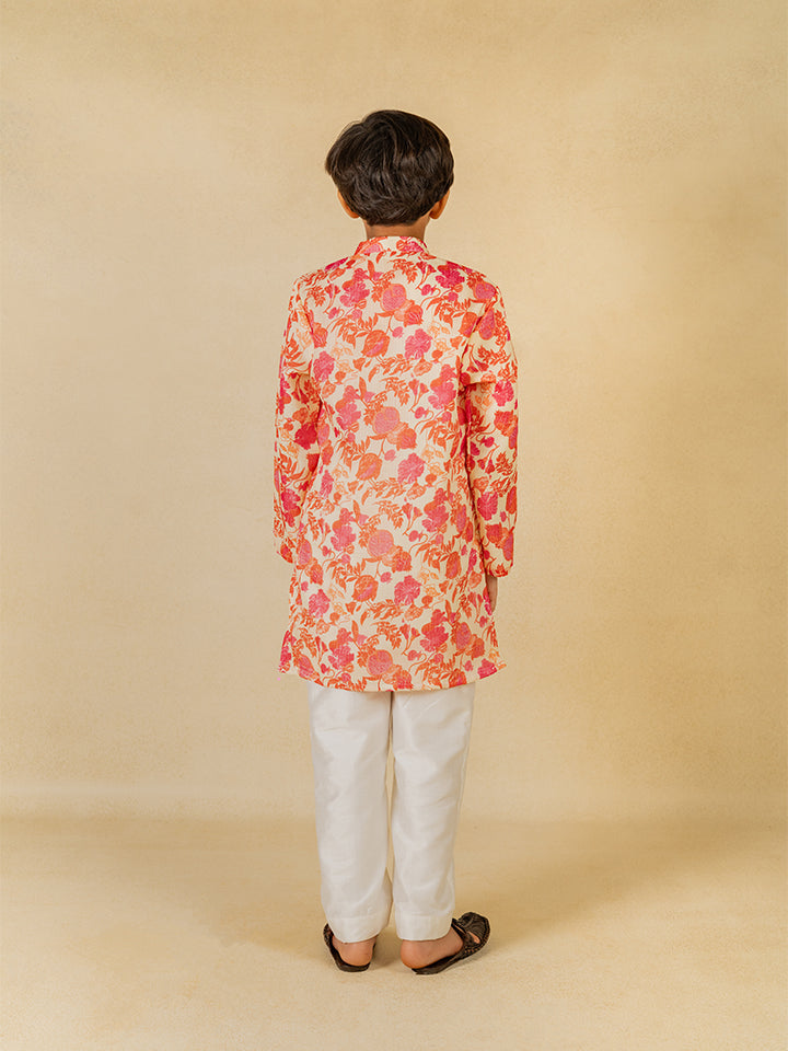 Boys Digital Floral Print Ethnic Kurta with White Pant (Set of 2)