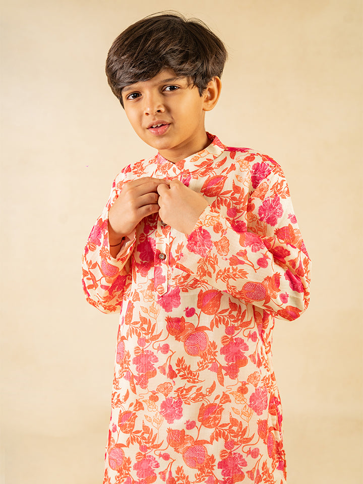 Boys Digital Floral Print Ethnic Kurta with White Pant (Set of 2)