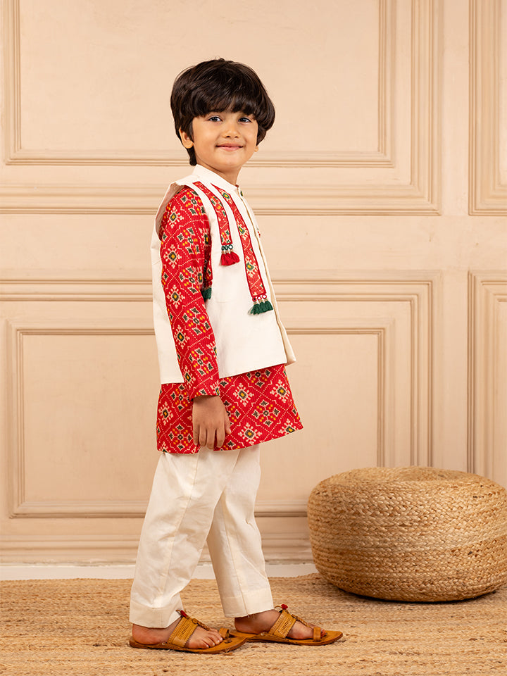 Boys Digital Patola Print Kurta and White Pant with Hand worked Jacket (Set of 3)