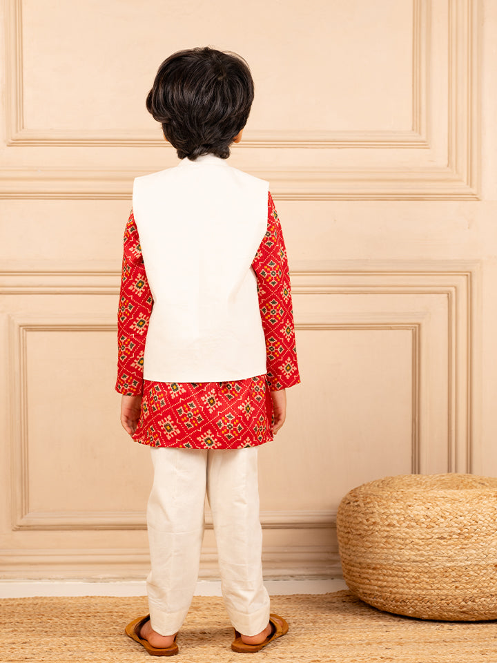 Boys Digital Patola Print Kurta and White Pant with Hand worked Jacket (Set of 3)
