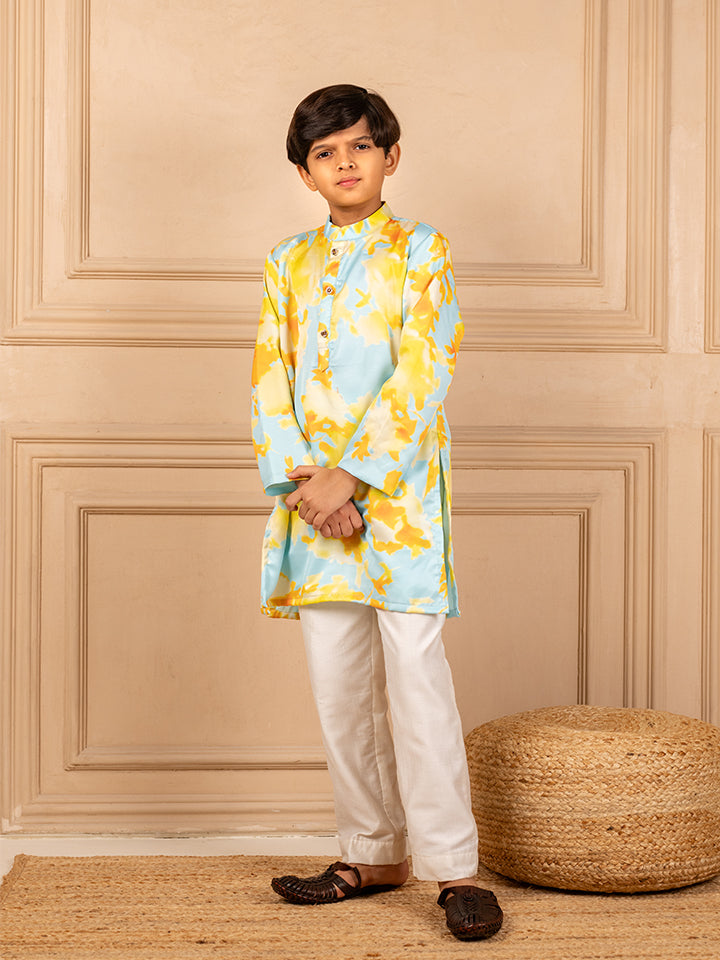 Boys Digital Printed Modal Satin Kurta With White Pant (Set of 2)
