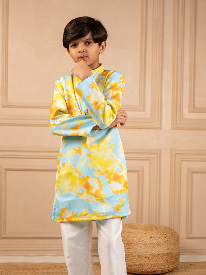 Boys Digital Printed Modal Satin Kurta With White Pant (Set of 2)