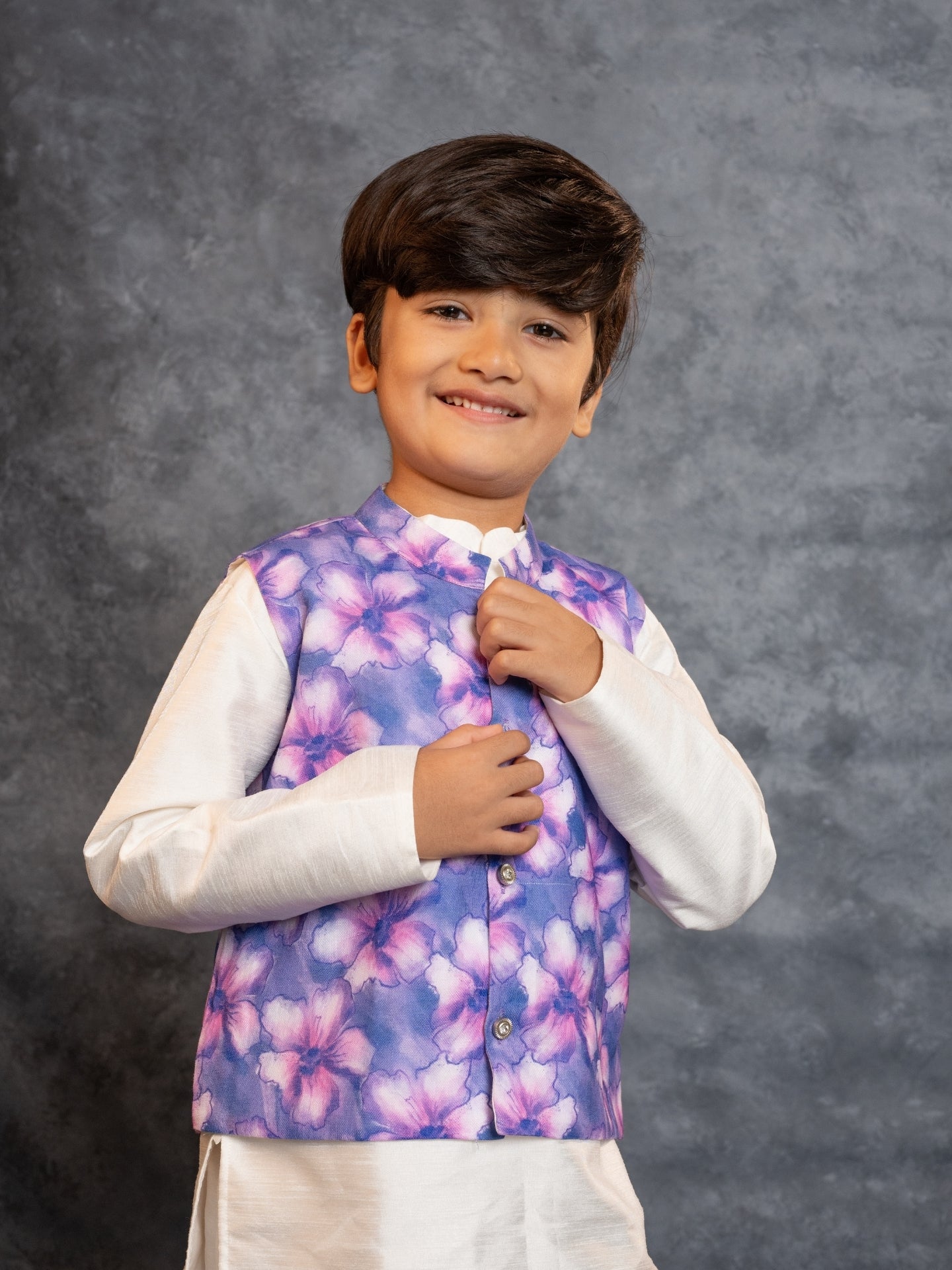 Boys Kurta Pant with Digital Printed Purple Jacket (Set of 3)