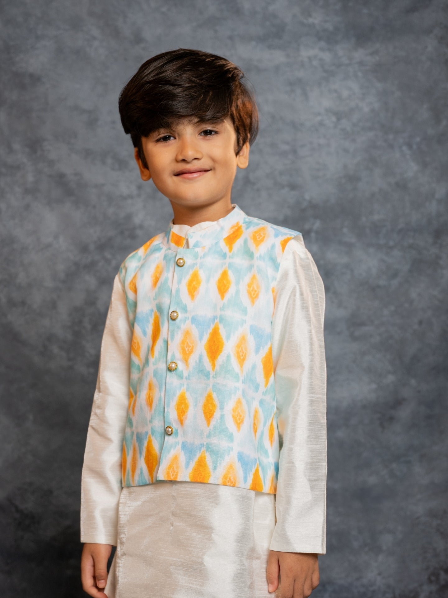 Boys Kurta Pant with Digital Printed Sky Blue Jacket (set of 3)