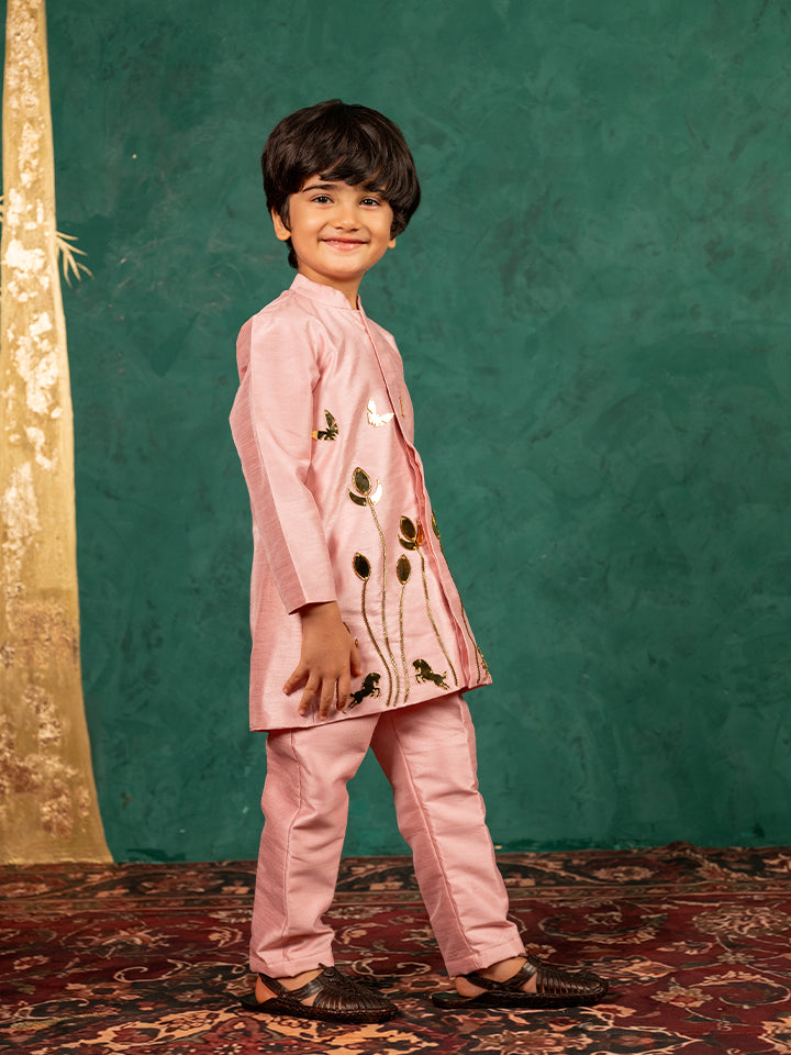 Boys Light Pink Silk Kurta and Pants with Handwork Acrylic Bundi Jacket ( Set of 3)