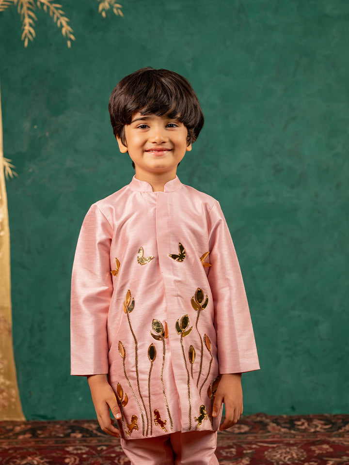 Boys Light Pink Silk Kurta and Pants with Handwork Acrylic Bundi Jacket ( Set of 3)