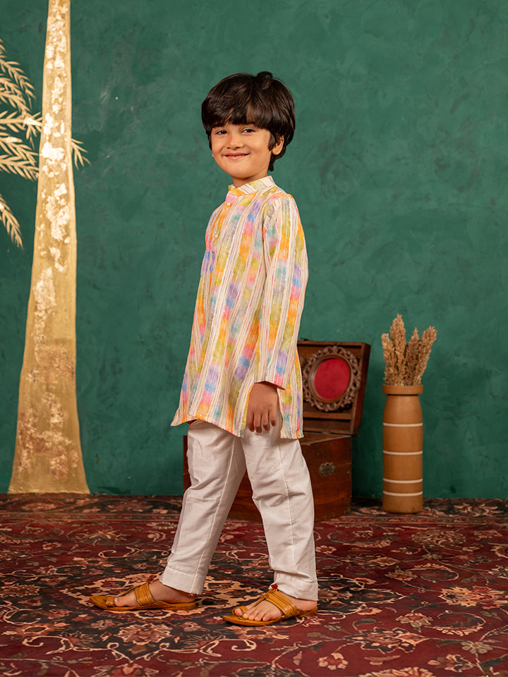 Boys Multi-Coloured Ethnic Kurta with White Pant (Set of 2)