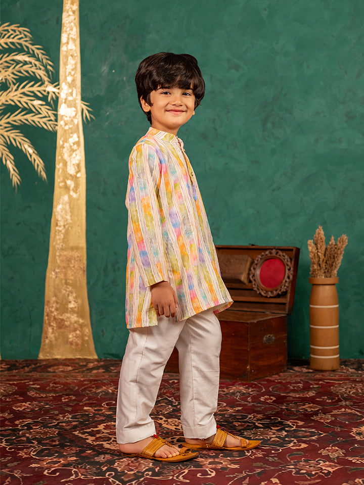 Boys Multi-Coloured Ethnic Kurta with White Pant (Set of 2)