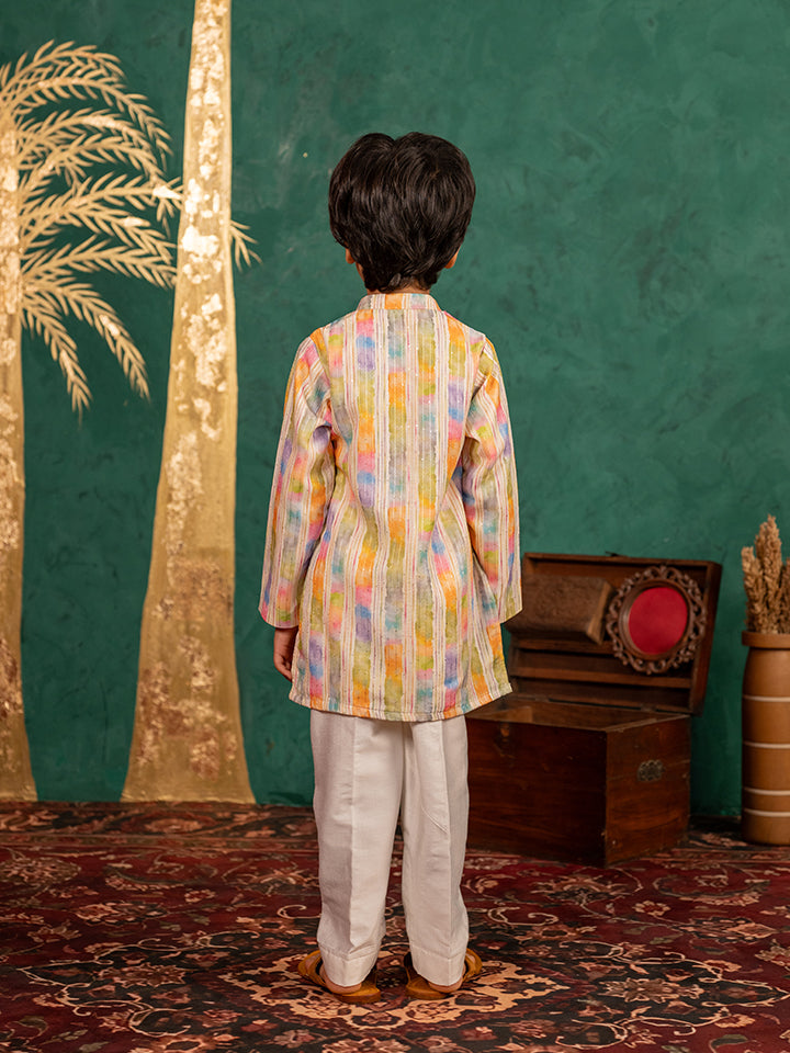 Boys Multi-Coloured Ethnic Kurta with White Pant (Set of 2)