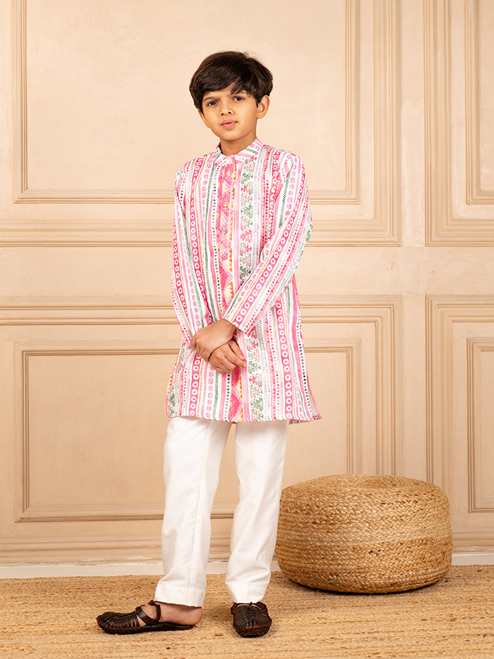 Boys Multicoloured Ethnic Pattern Digital Print Kurta with White Pant (Set of 2)