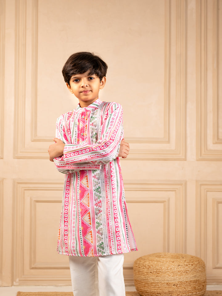 Boys Multicoloured Ethnic Pattern Digital Print Kurta with White Pant (Set of 2)