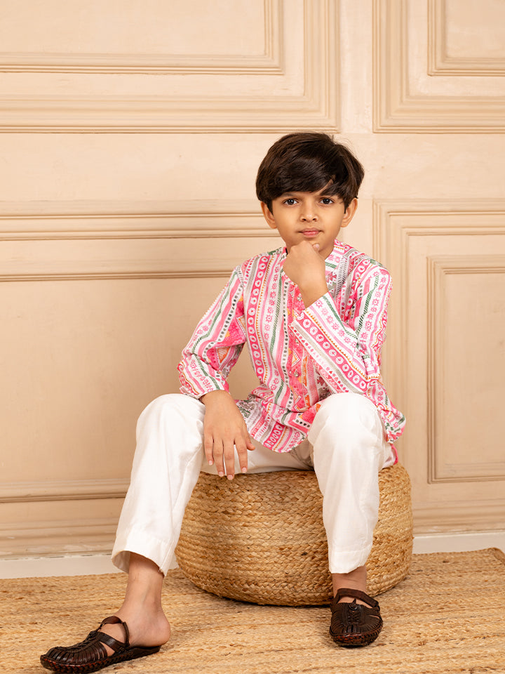 Boys Multicoloured Ethnic Pattern Digital Print Kurta with White Pant (Set of 2)