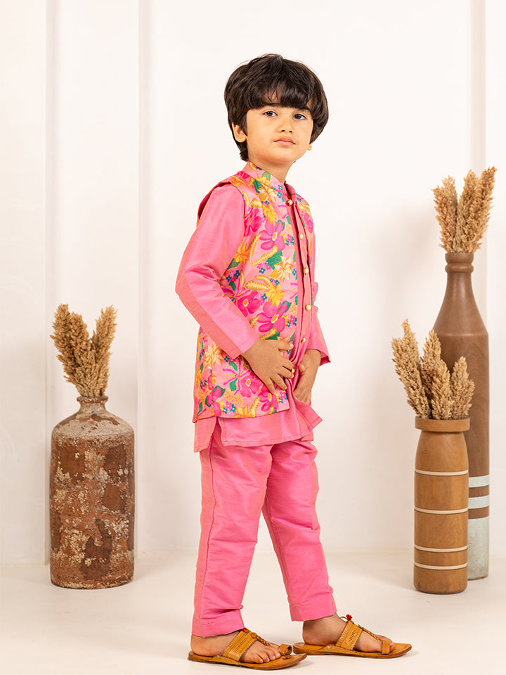 Boys Pink Kurta and Pant with Roman Digital Print Jacket (Set of 3)