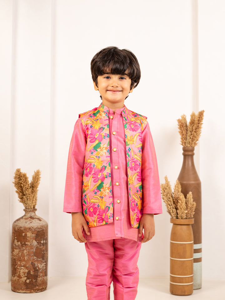 Boys Pink Kurta and Pant with Roman Digital Print Jacket (Set of 3)