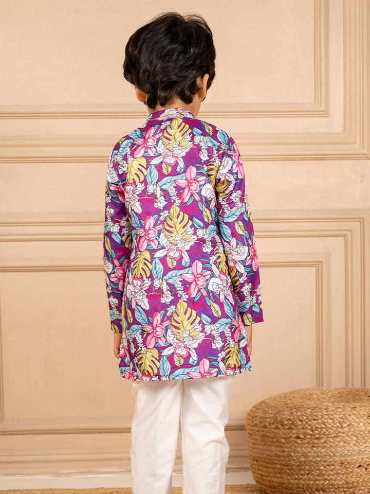 Boys Purple Floral Digital Printed Kurta With White Pant (Set of 2)
