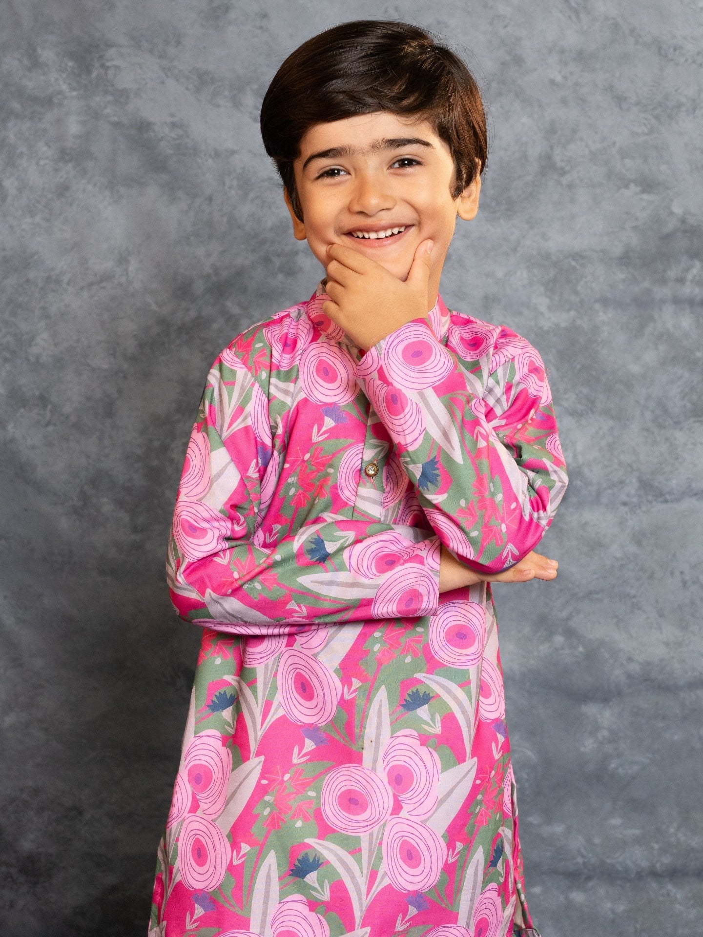 Boys Soft Cotton Digital Printed Pink Kurta with Banglori Silk Pant (Set of 2)