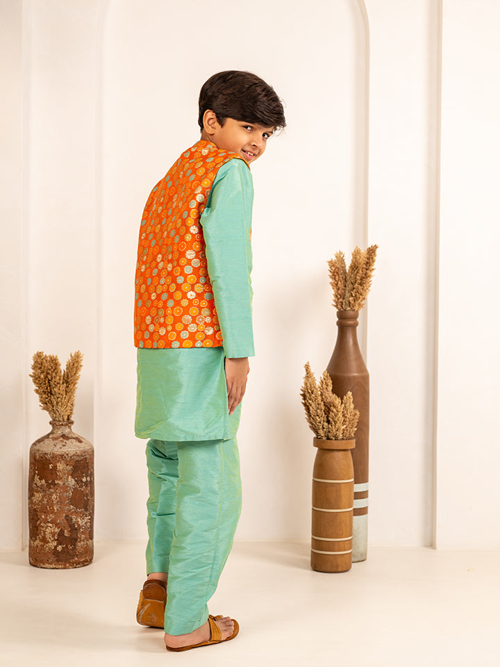 Boys Turquois Kurta and Pant with Orange Ethnic Jacket(Set of 3)