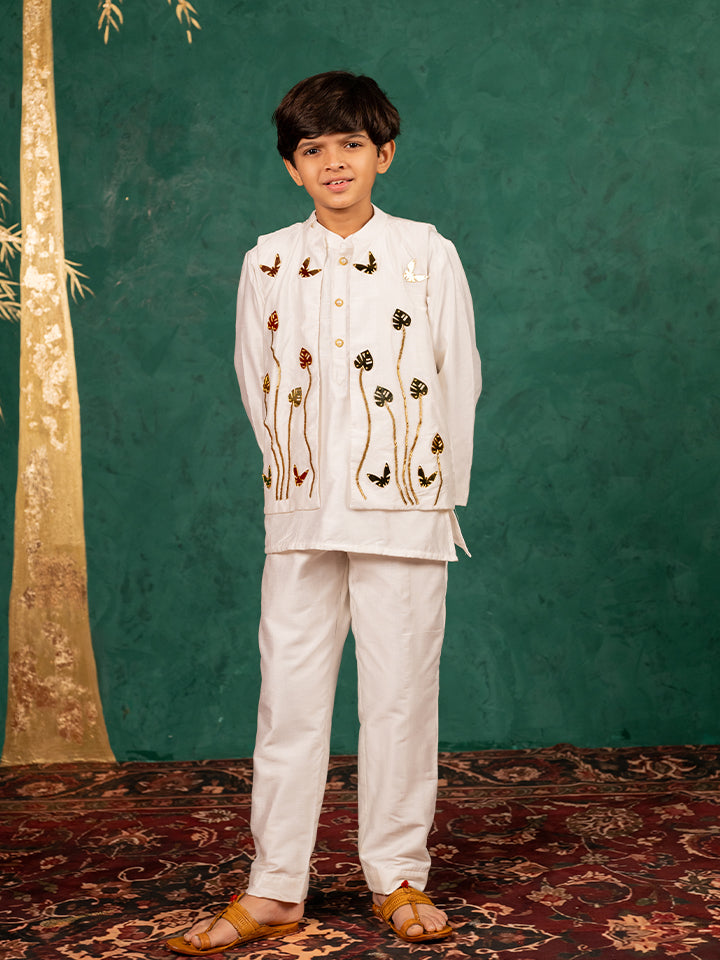 Boys White Silk Kurta and Pants with Handwork Acrylic Bundi Jacket ( Set of 3)