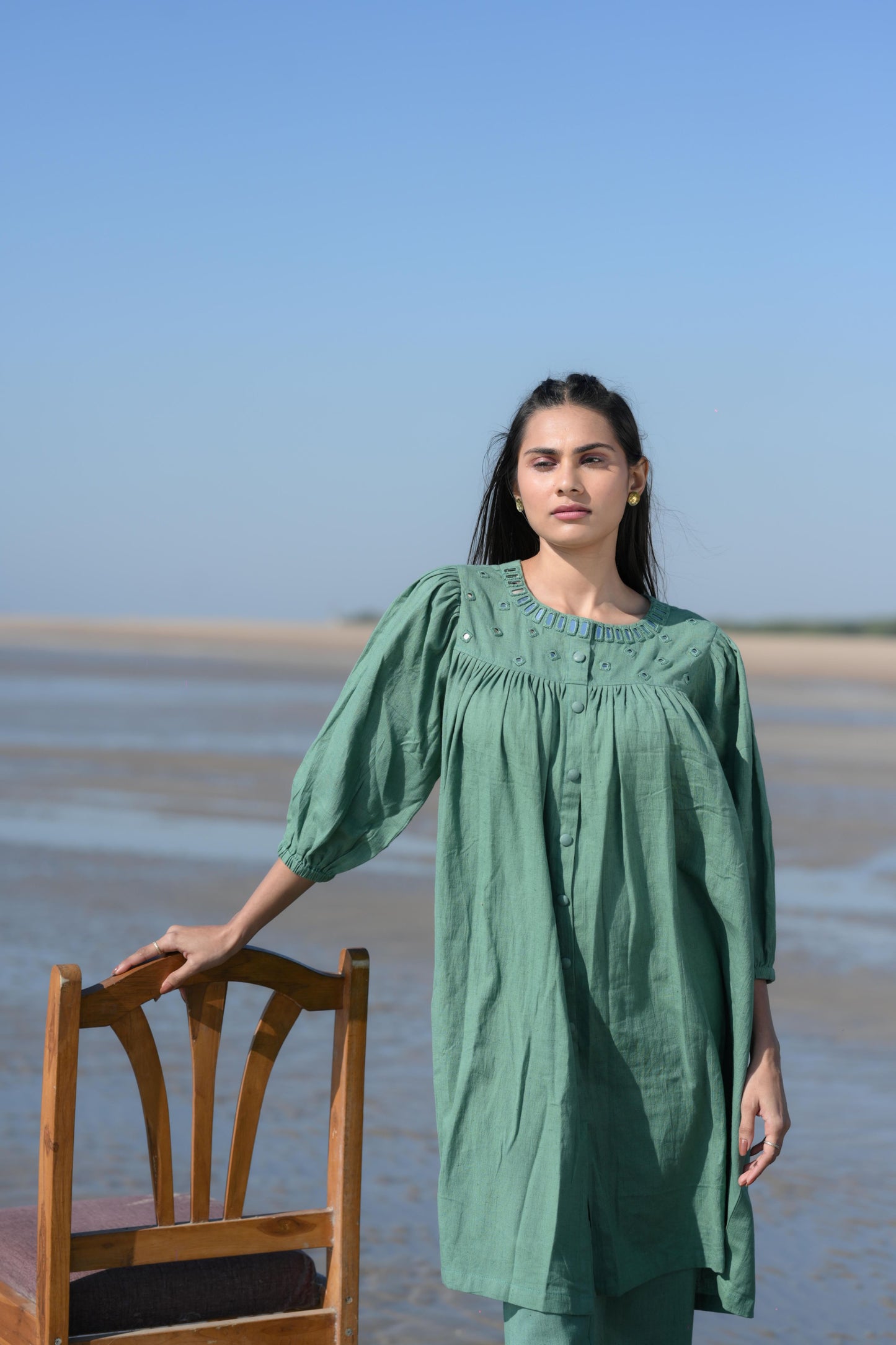 Green Mirror Cotton Co-Ord (Dress with Pant)