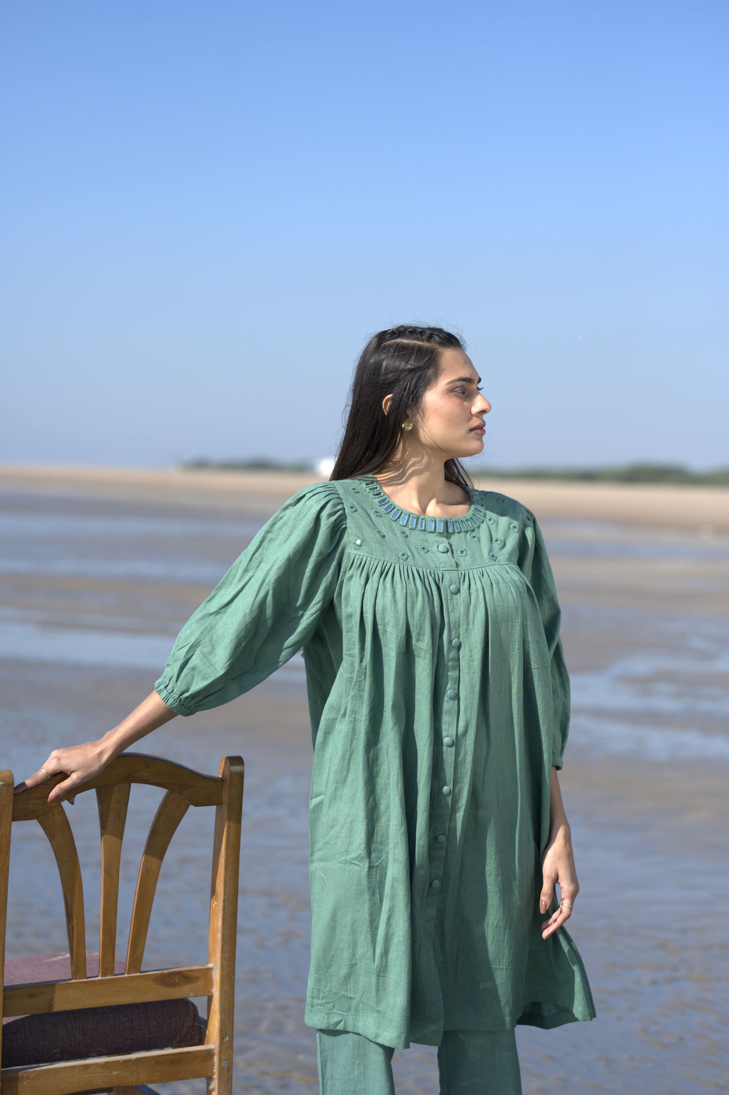 Green Mirror Cotton Co-Ord (Dress with Pant)