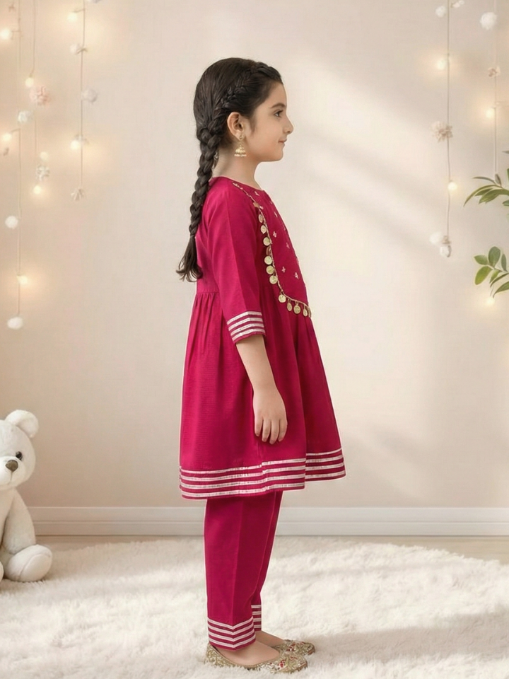 Girls Dark Pink Embroidered Anarkali Kurti and Pant (Set of 2)