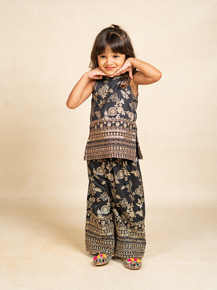 Girls Dola Silk embroidered Black Sleeveless Top with Palazzo (Set of 2)
