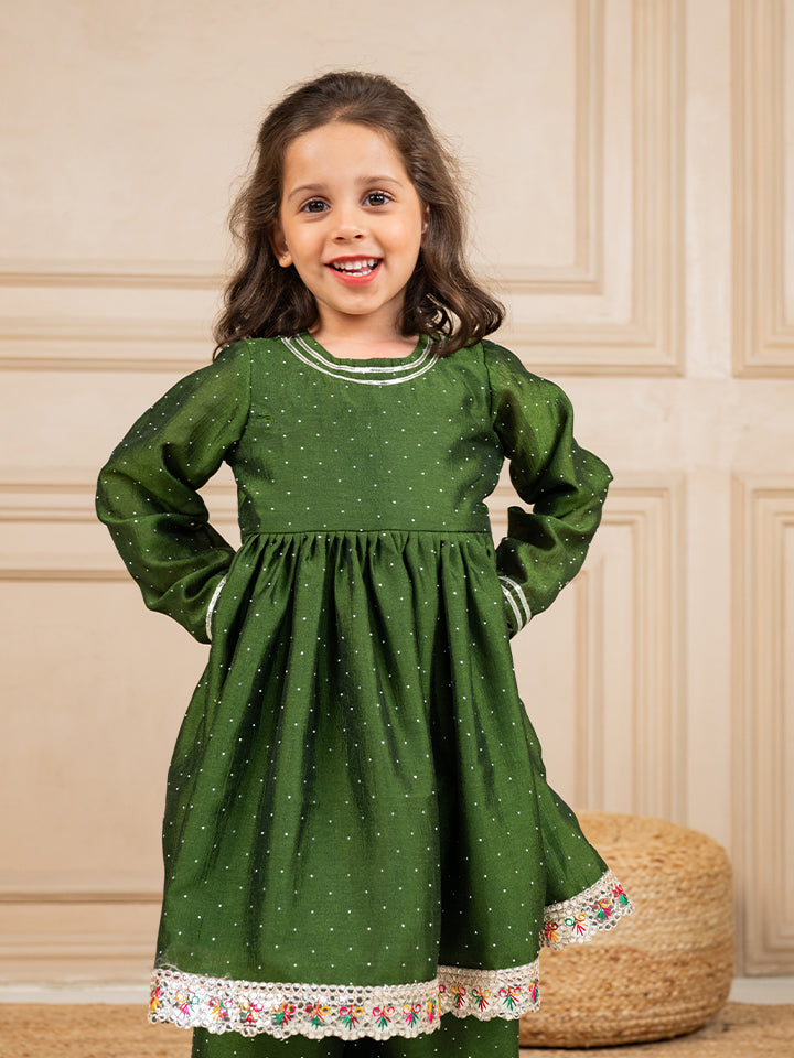 Girls Green Anarkali Top with Palazzo (Set of 2)