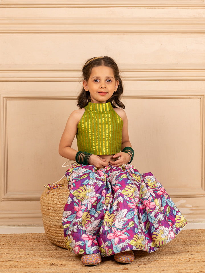 Girls Green Lurex Sleeveless Top and Roman Printed Lehenga (Set of 2)