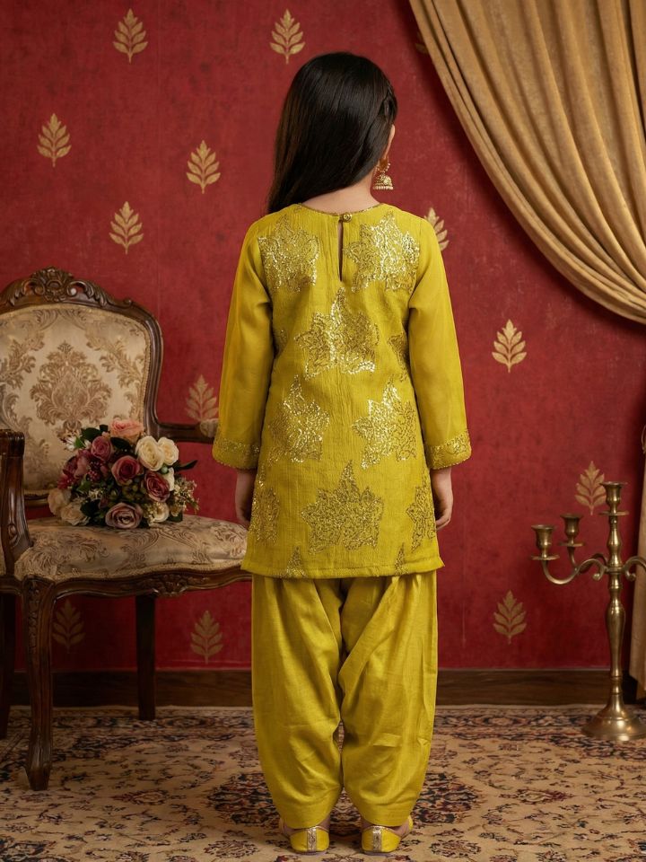 Girls Lemon Yellow Cotton Salwar Kurti with Dupatta (Set of 3)