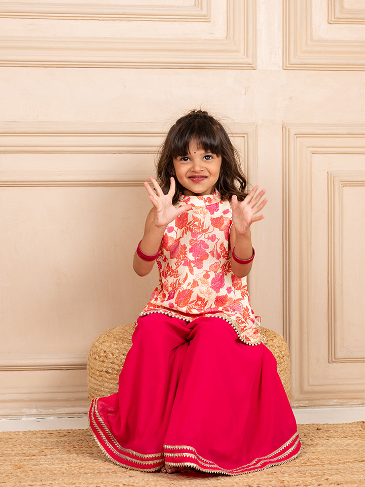 Girls Moonga Floral Digtal Printed Sleeveless Top with Pink Sharara (Set of 2)