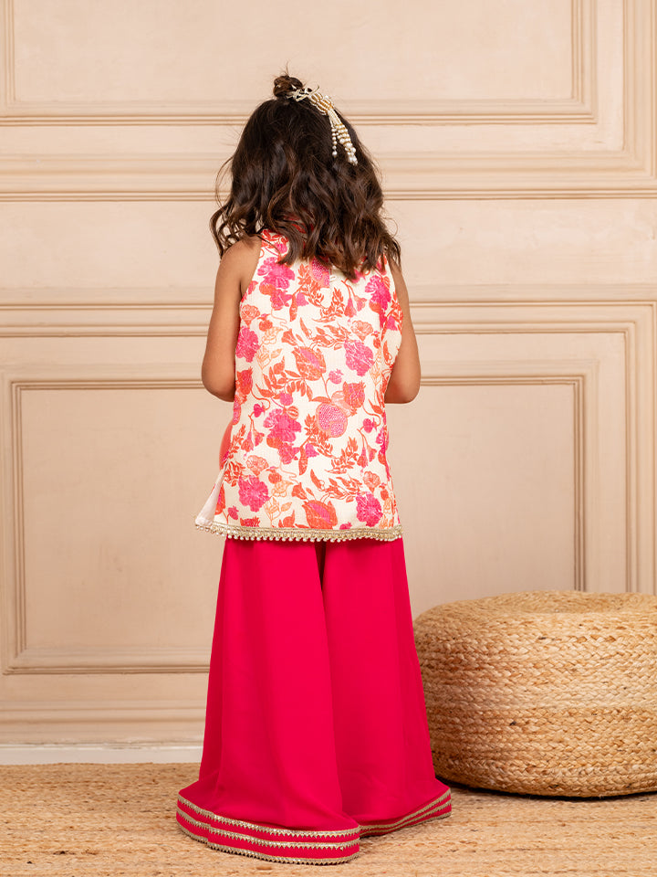 Girls Moonga Floral Digtal Printed Sleeveless Top with Pink Sharara (Set of 2)
