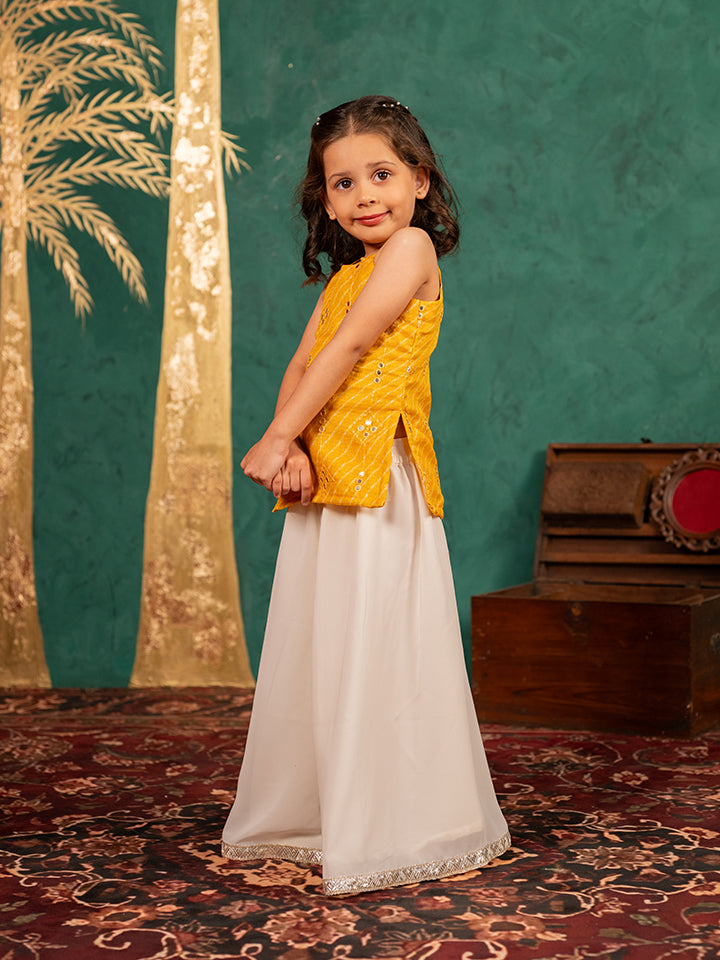 Girls Moonga Mirror Work Yellow Cotton Ethnic Sleeveless Strap Top with Off-White Palazzo (Set of 2)