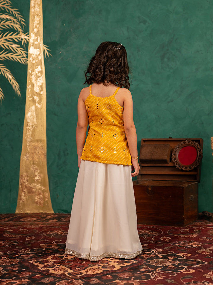Girls Moonga Mirror Work Yellow Cotton Ethnic Sleeveless Strap Top with Off-White Palazzo (Set of 2)