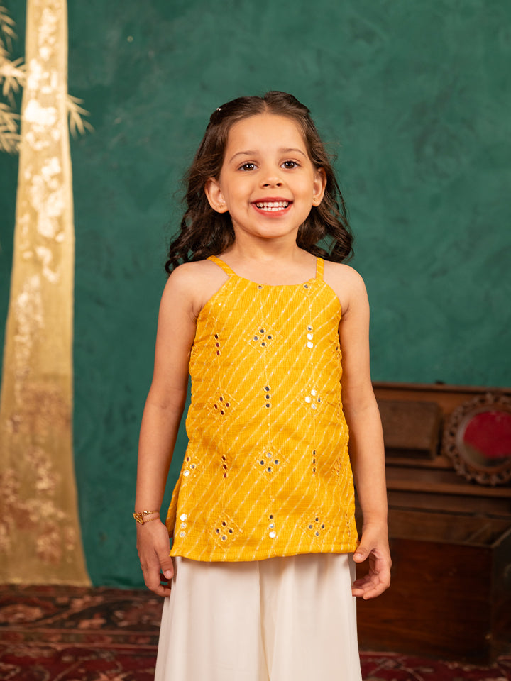 Girls Moonga Mirror Work Yellow Cotton Ethnic Sleeveless Strap Top with Off-White Palazzo (Set of 2)